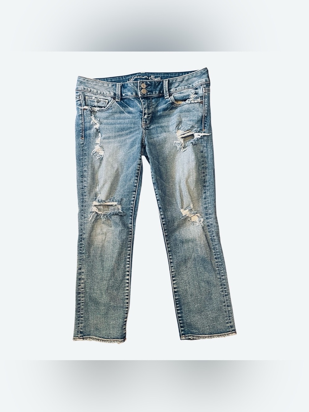 American Eagle Artist Crop Jeans Women 10 Blue Y2K Stretch Distress Light Wash